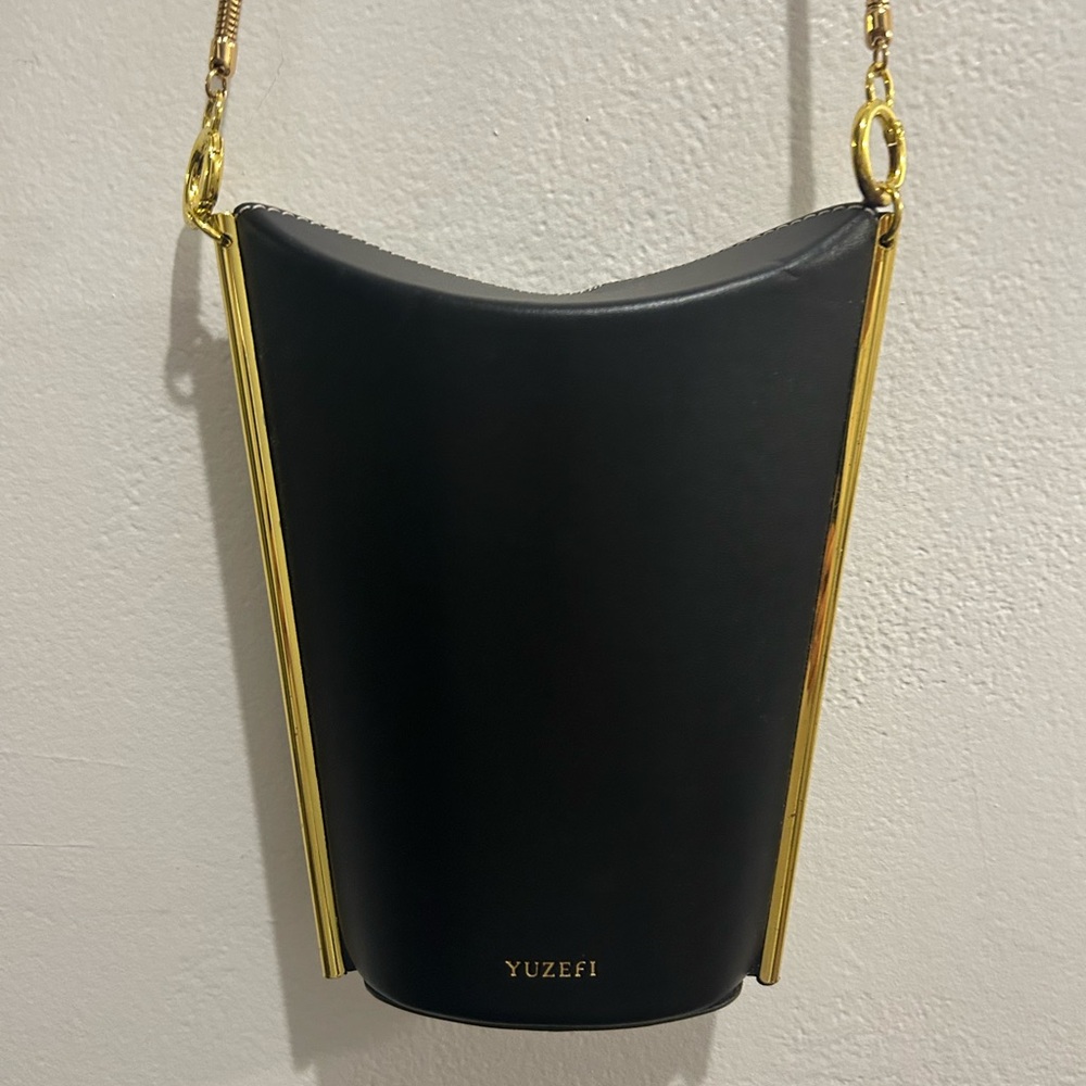 Yuzefi Black and Gold Structured Shoulder / Crossbody Bag